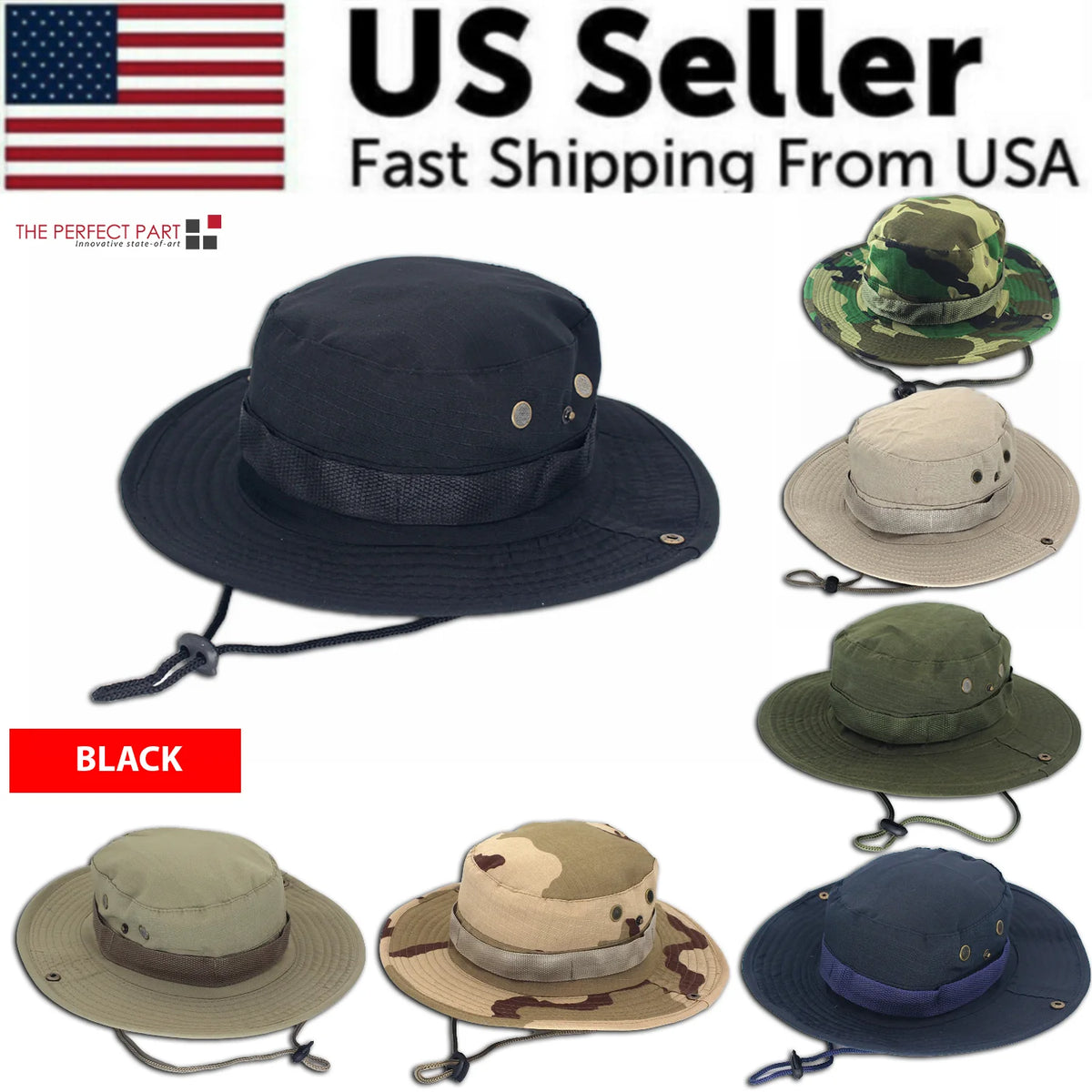 Work Sun Hat Camo Boonie - Wide Brim Outdoor Hat with Chin Strap
