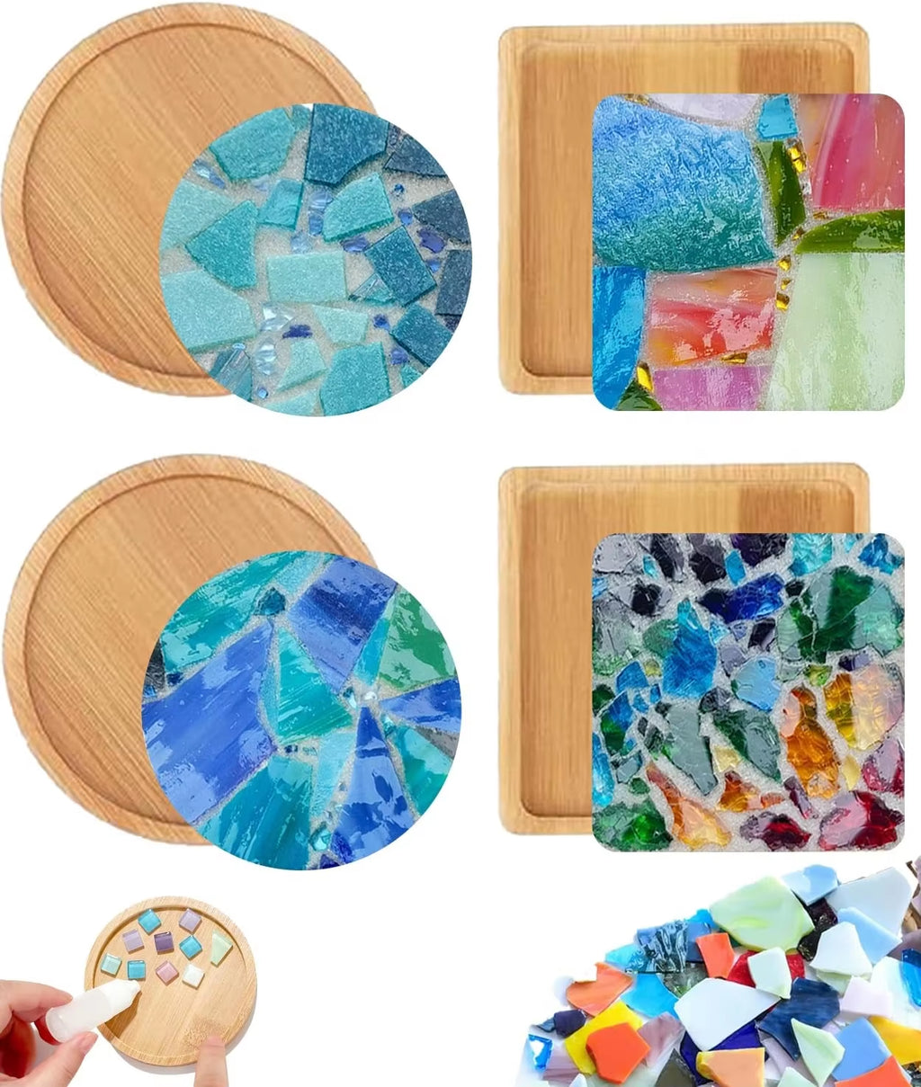 DIY Mosaic Coaster Kit – 4 Wooden Coasters with Glass Tiles