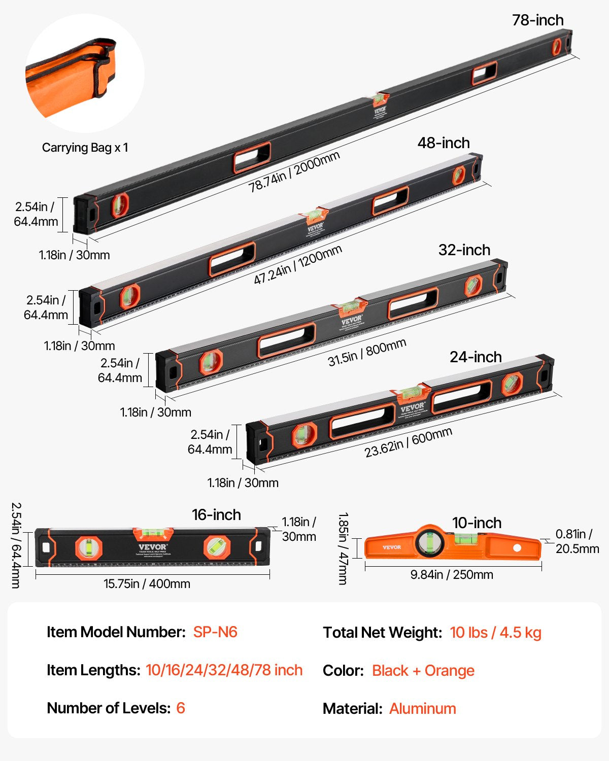 6-Piece Aluminum Spirit Level Set, 10 to 78 Inch – image 3
