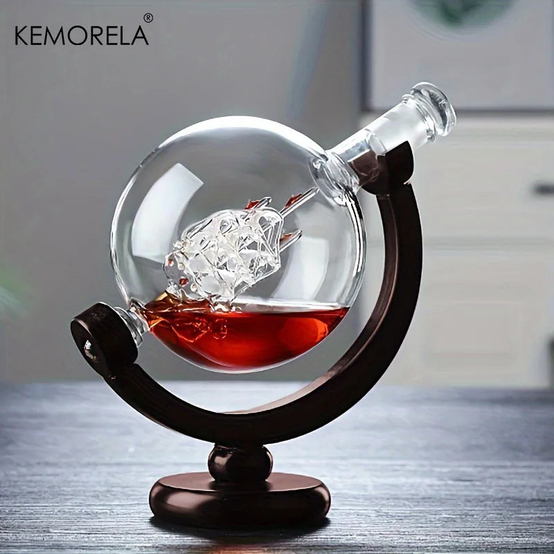 Globe Whiskey Decanter Set, 900 ml with Wood Stand – image 3