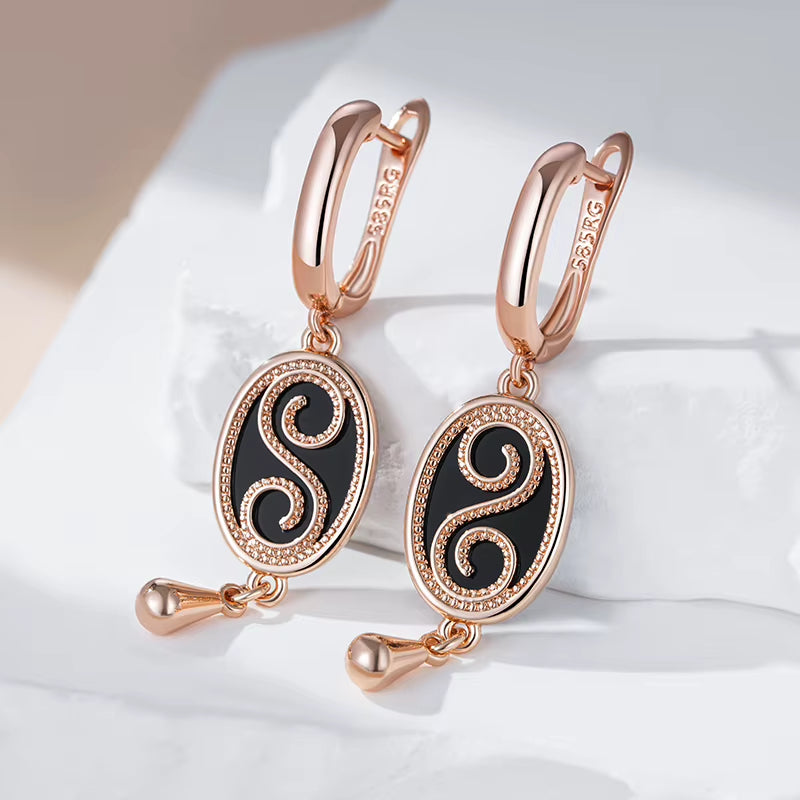 Vintage Black Stone Dangle Earrings - Rose Gold Tone – image 3