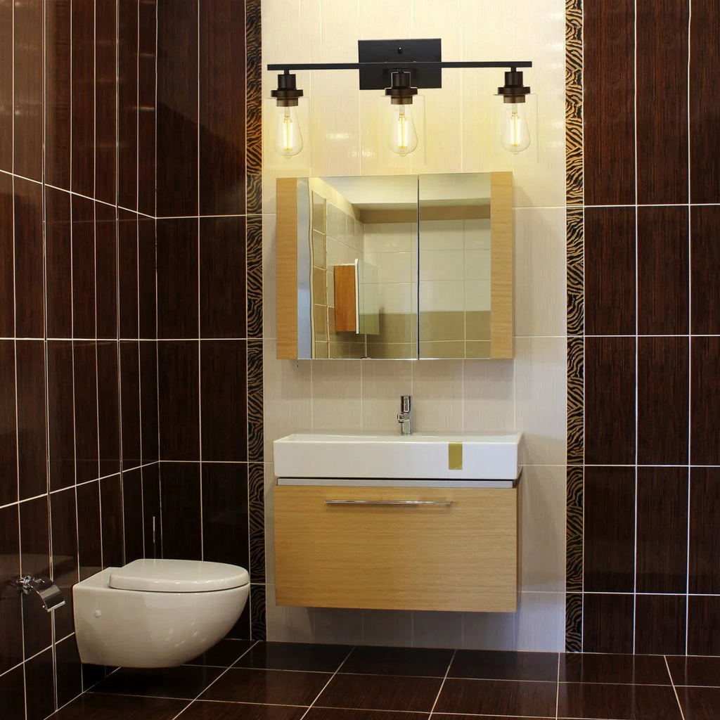 3-Light Matte Black Vanity Light with Clear Glass Shades