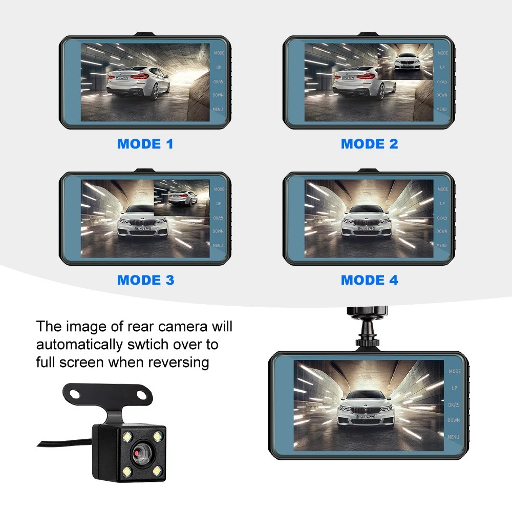 Dash Cam Front and Rear – 4 in Screen, 1296P, Night Vision, G-Sensor