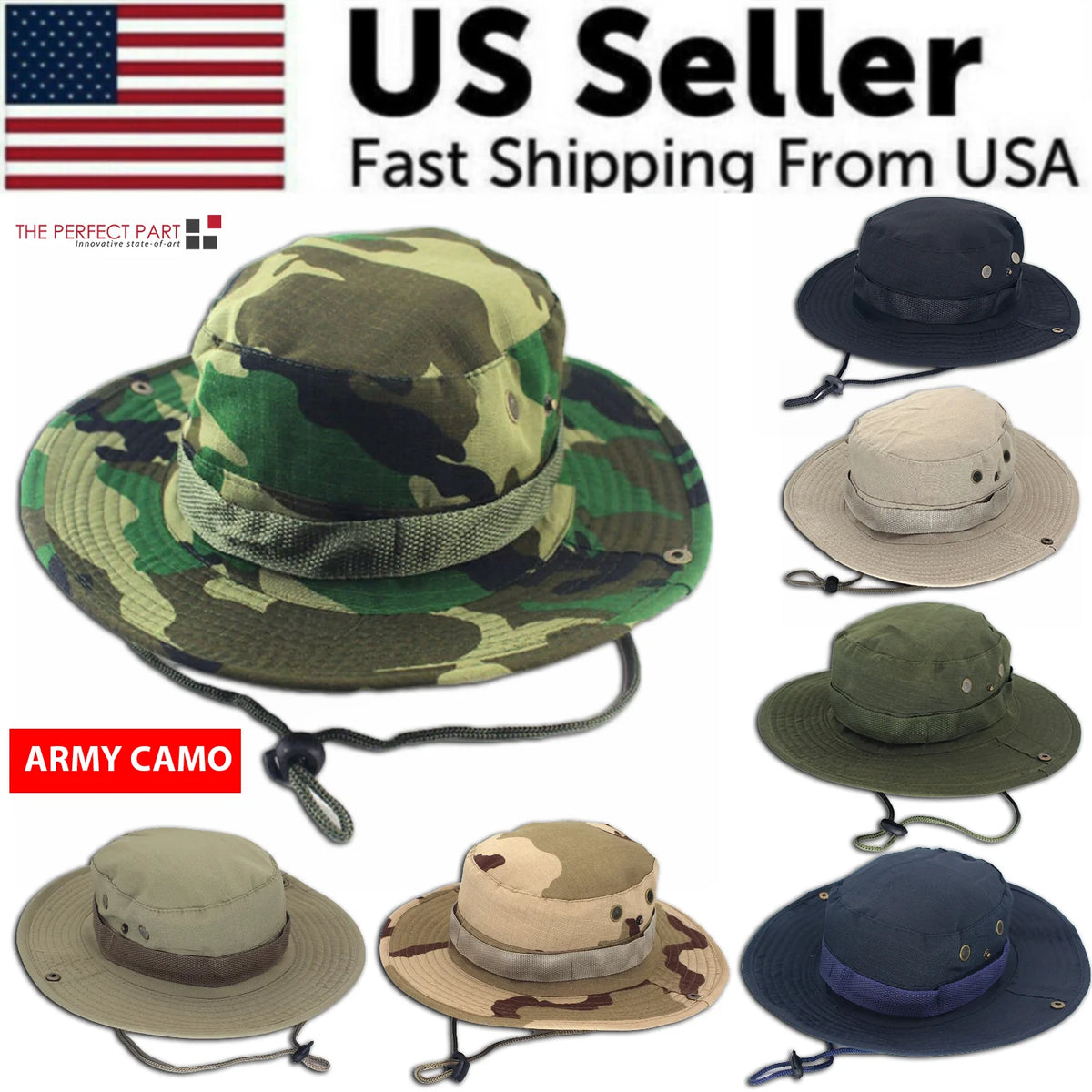 Work Sun Hat Camo Boonie - Wide Brim Outdoor Hat with Chin Strap