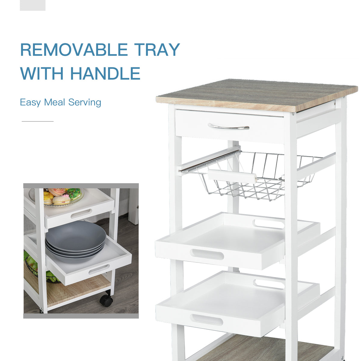 Rolling Kitchen Cart with Drawer, Wire Basket and Trays, White – image 4
