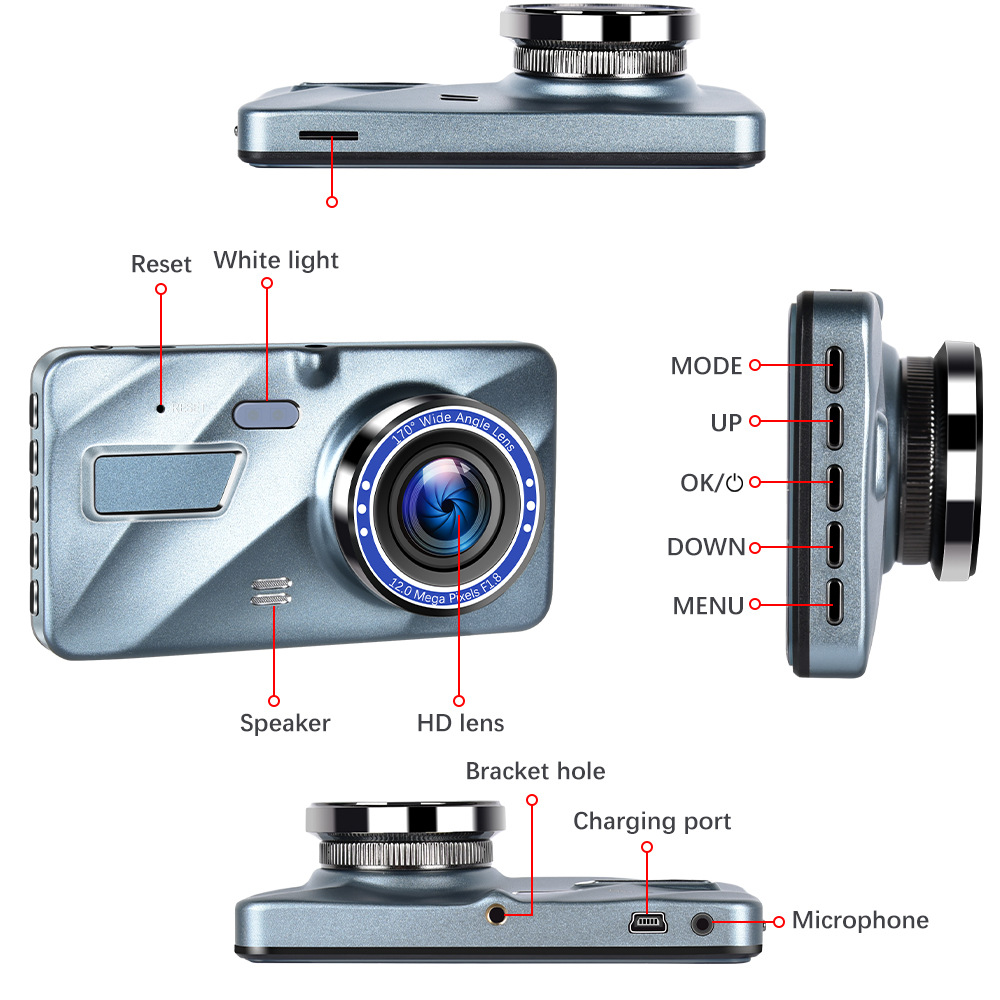Dash Cam Front and Rear – 4 in Screen, 1296P, Night Vision, G-Sensor