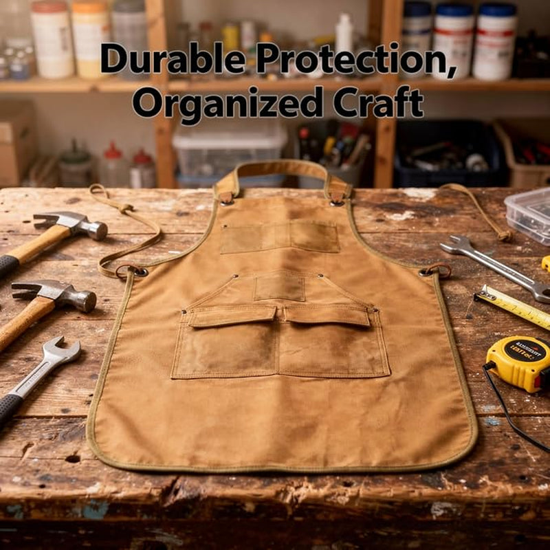 Waxed Canvas Work Apron with Tool Pockets, Brown Woodworking Apron – image 2