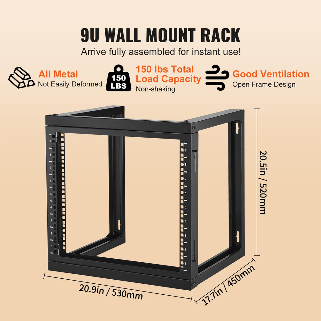 9U Wall Mount Open Frame Network Rack, 150 lb Capacity, 18 in Deep – image 5