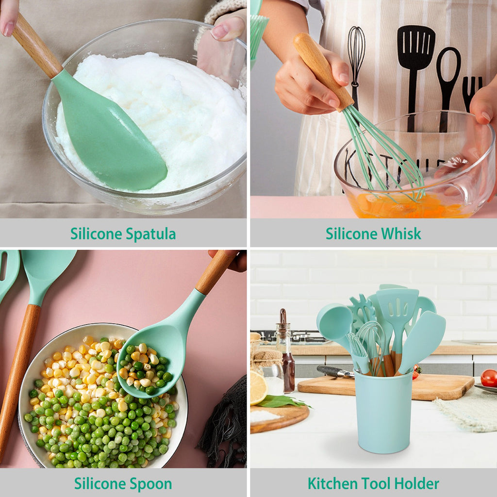 11-Piece Silicone Cooking Utensil Set with Wood Handles and Holder – image 7