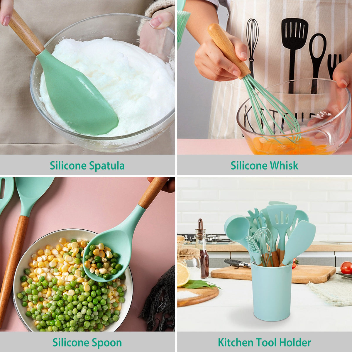 11-Piece Silicone Cooking Utensil Set with Wood Handles and Holder – image 7