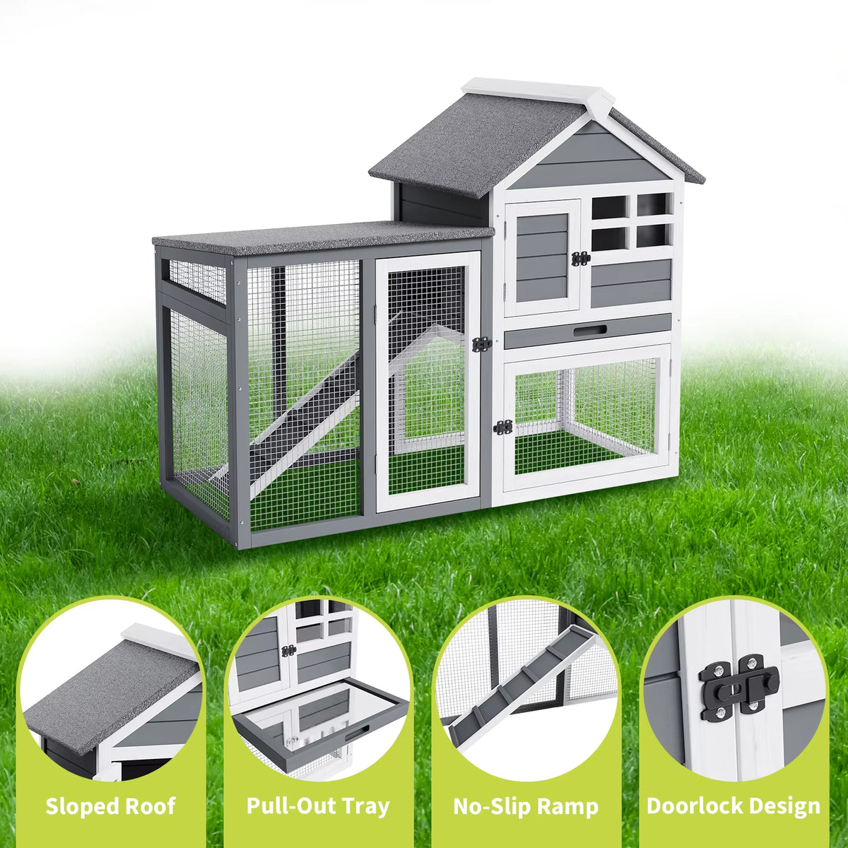 2-Story Wooden Rabbit Hutch and Small Chicken Coop with Ramp, Gray