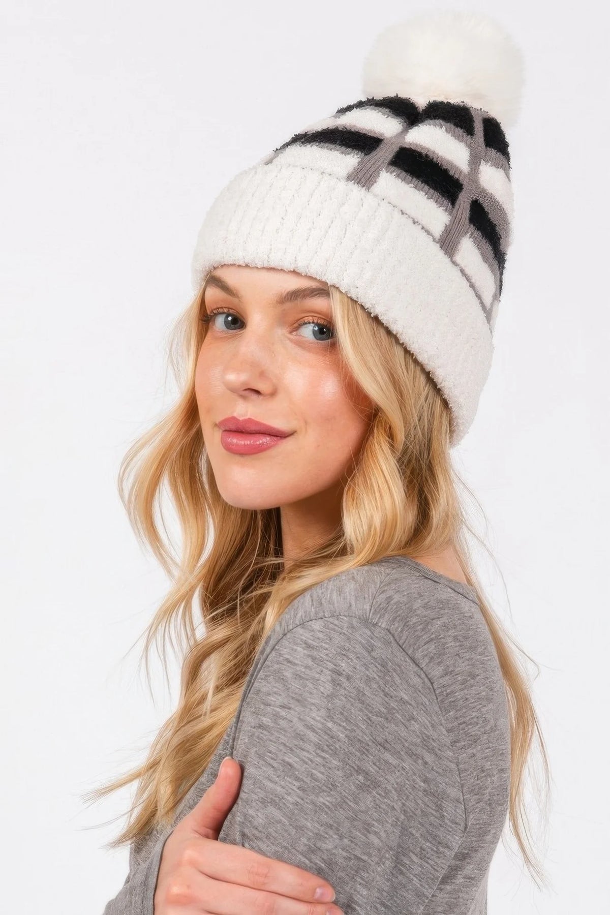 Color Block Pom Pom Beanie, Soft Stretch Knit Winter Hat – image 4