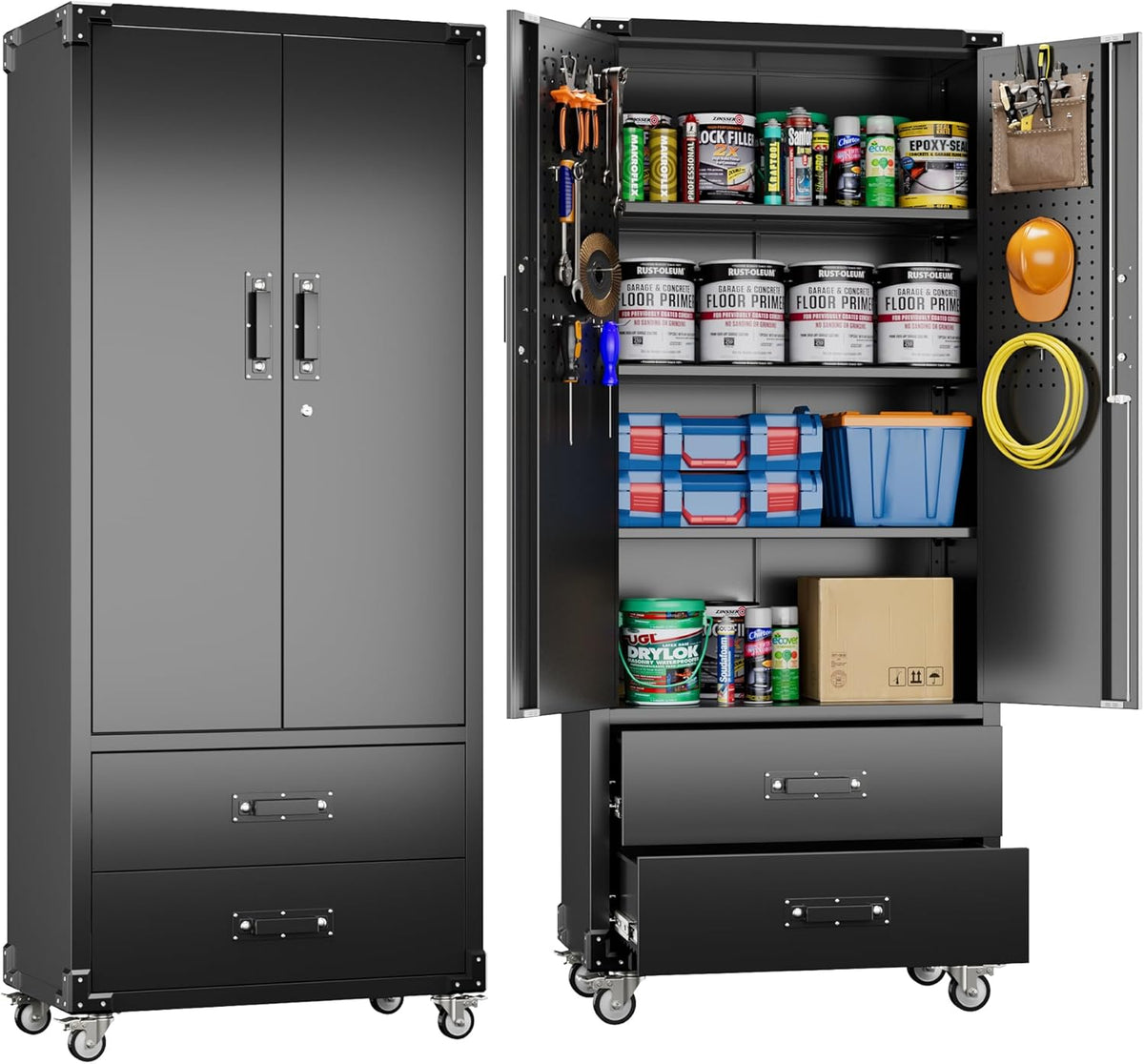 Rolling Steel Storage Cabinet with 2 Locking Doors and 2 Drawers – image 2