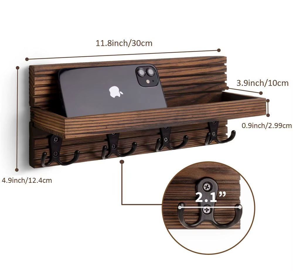 Key Holder with Mail Organizer – Wooden Wall Rack, 4 Hooks – image 5