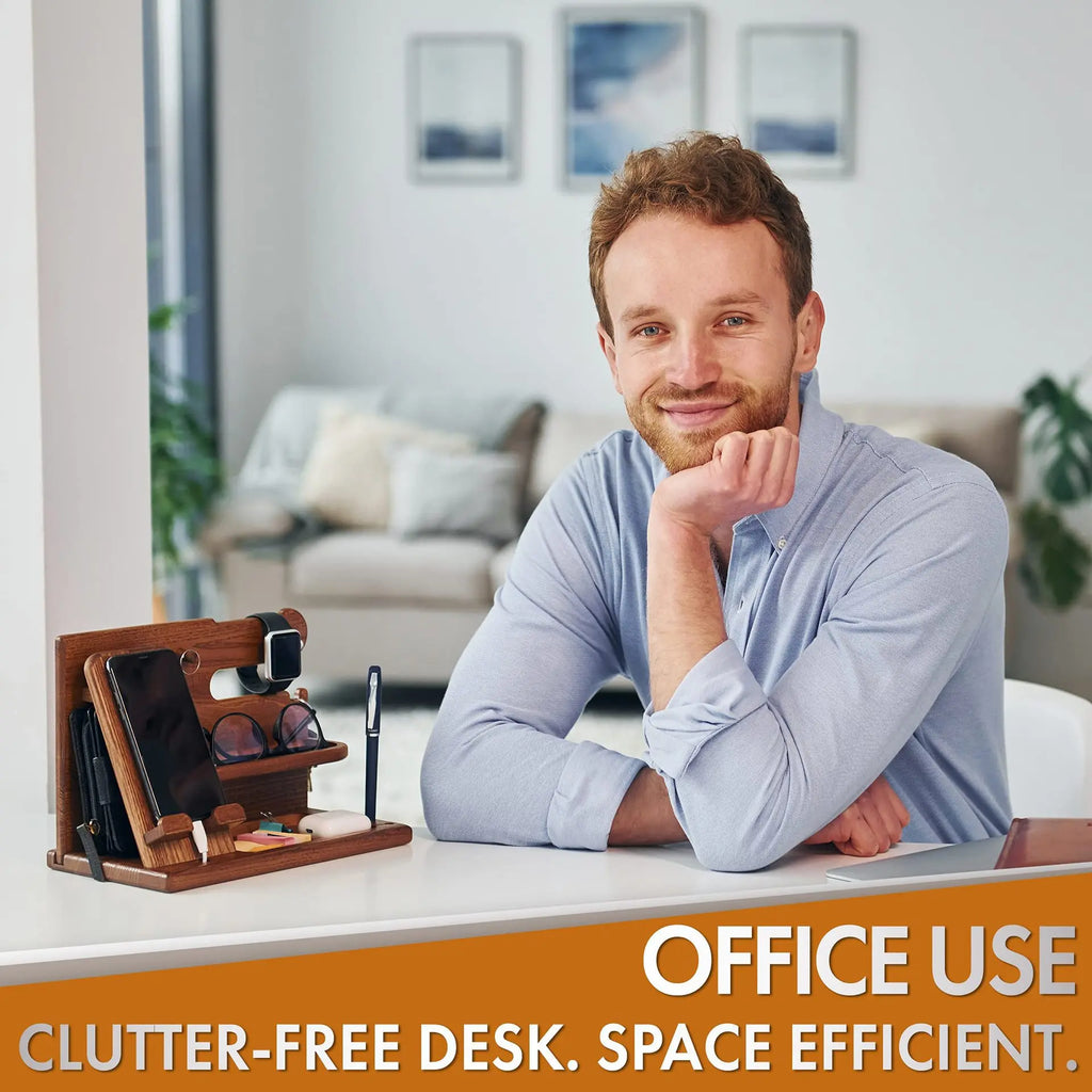 Phone Docking Station, Wooden Desk Organizer with Drawer – image 2