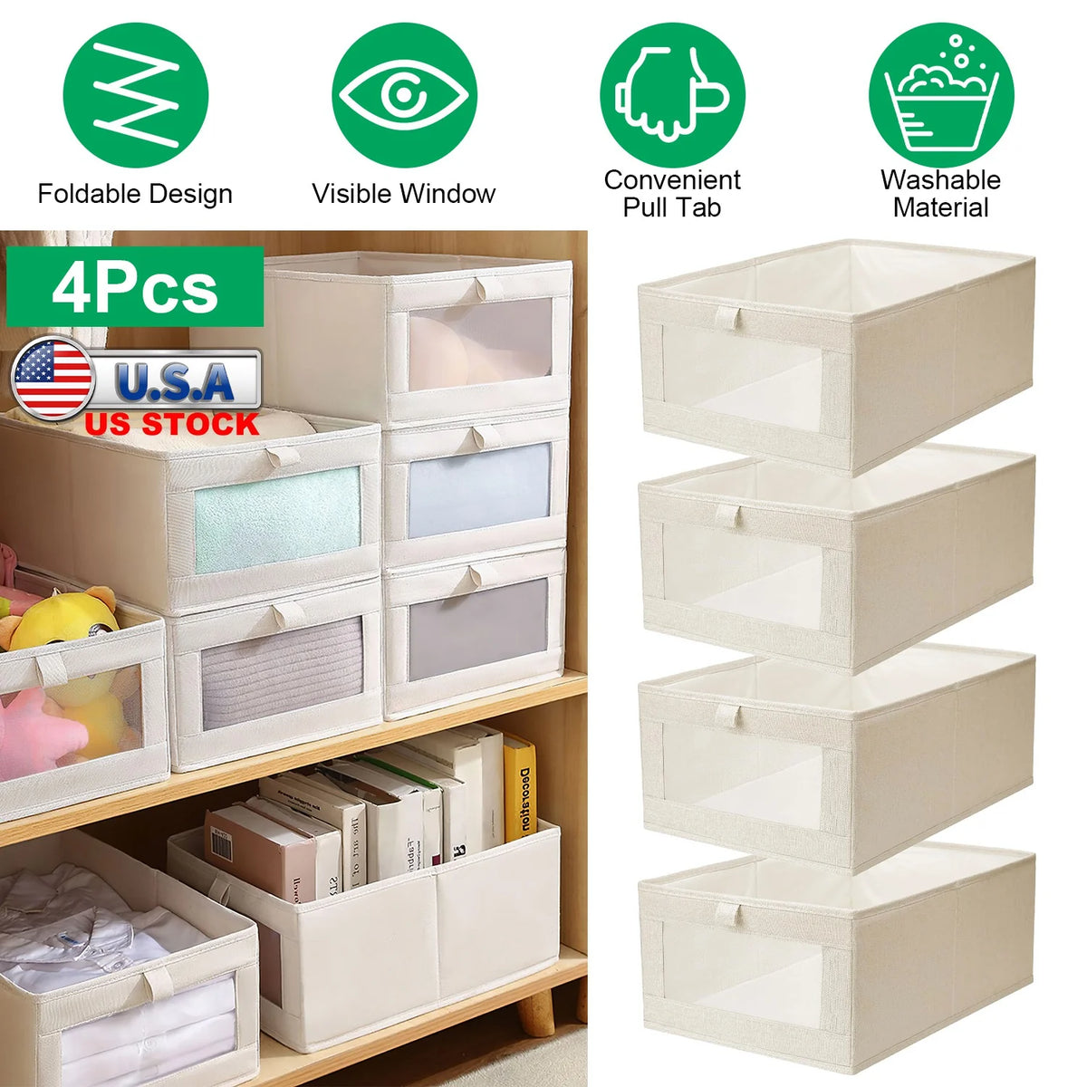 Closet Storage Bins 4-Pack - Foldable Linen Baskets with Clear Window
