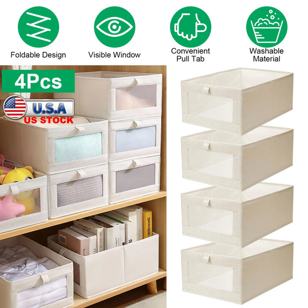 Closet Storage Bins 4-Pack - Foldable Linen Baskets with Clear Window