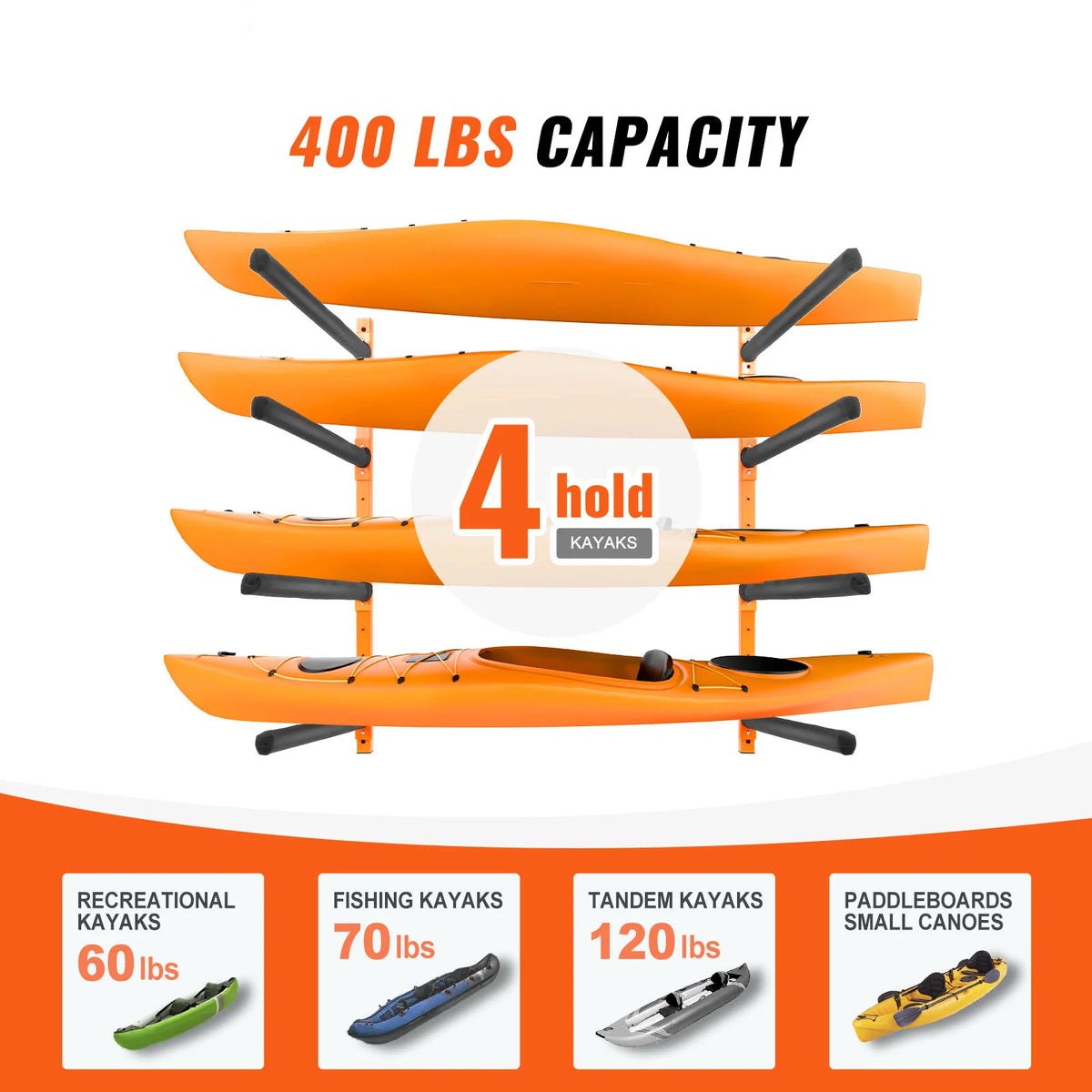 Wall Mount Kayak Storage Rack for 4 Boats, 400 lb Padded Arms – image 2