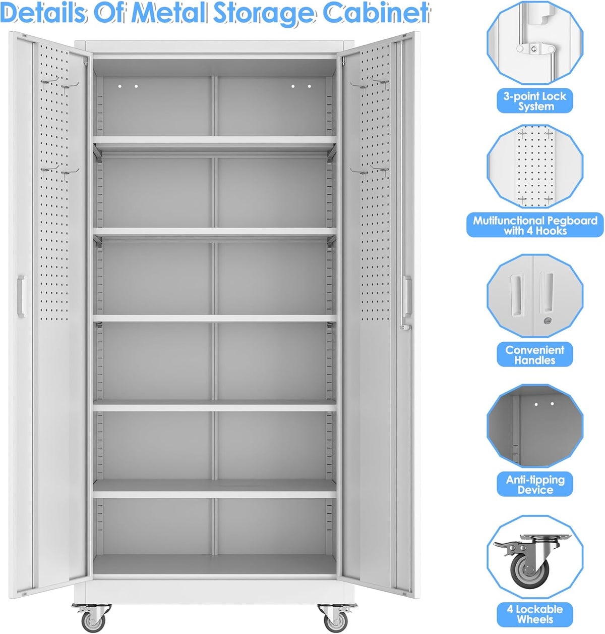 Garage Storage Cabinet Locking Metal with Wheels, Pegboard Doors – image 2