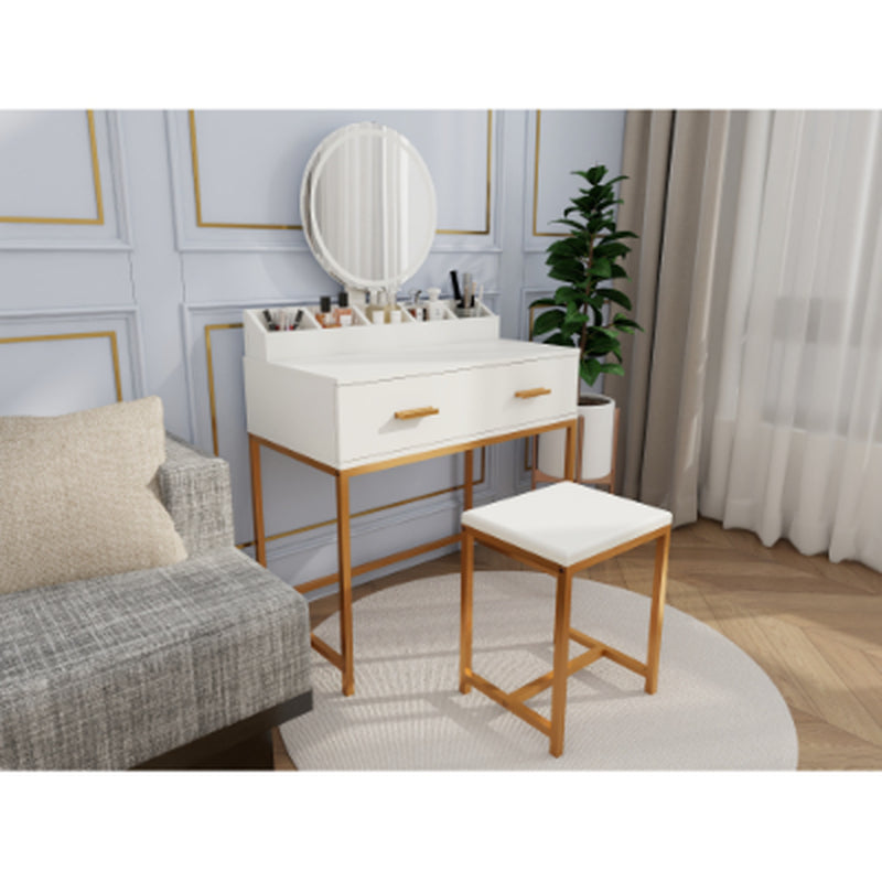 Makeup Vanity Table Set – Mirror, Stool & Storage, White and Gold – image 7