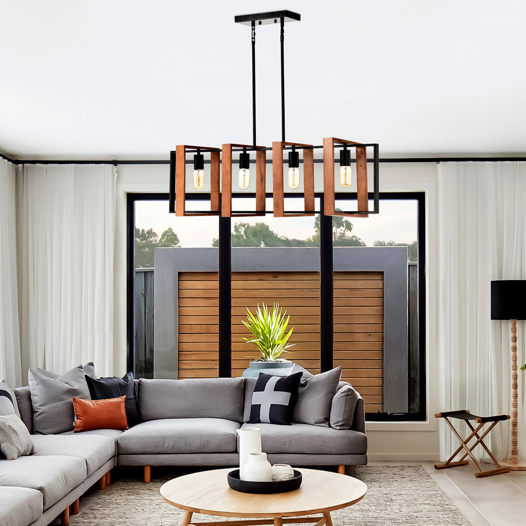 4-Light Farmhouse Kitchen Island Pendant Wood and Black 36 In