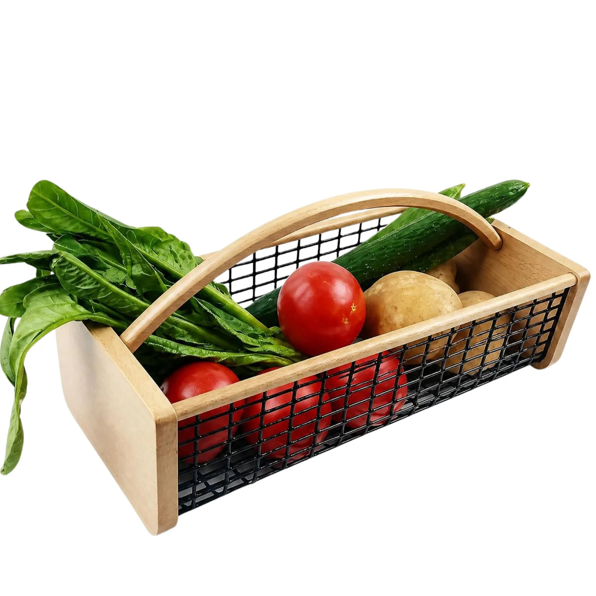 Garden Hod Harvest Basket - Wooden Vegetable Basket with Metal Mesh
