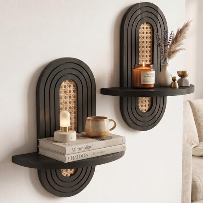 Rattan Floating Shelves Set of 2, Boho Arched Wall Plant Shelf