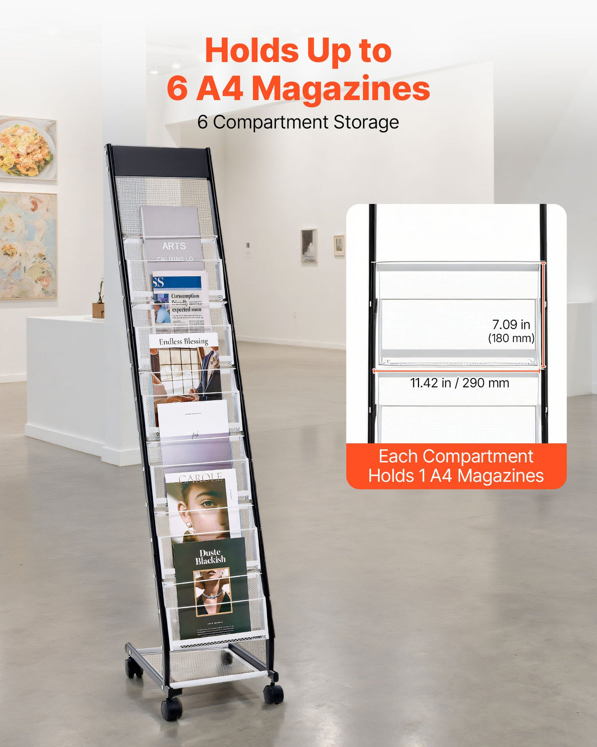Narrow 6-Tier Literature Stand with Wheels, Metal Magazine Rack – image 2