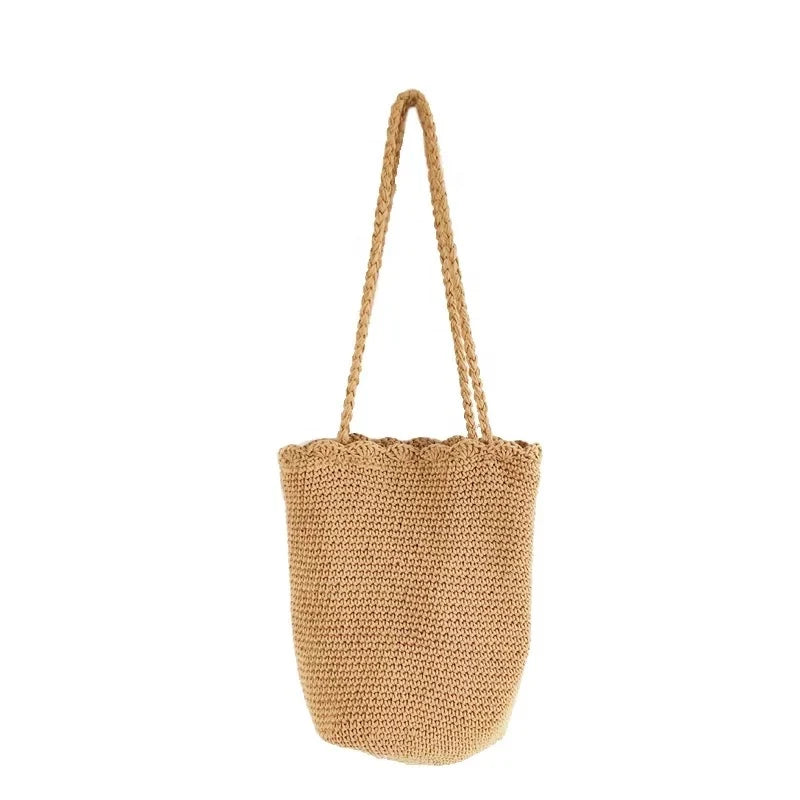 Scalloped Knit Tote Bag – Braided Strap Drawstring Tote – image 2