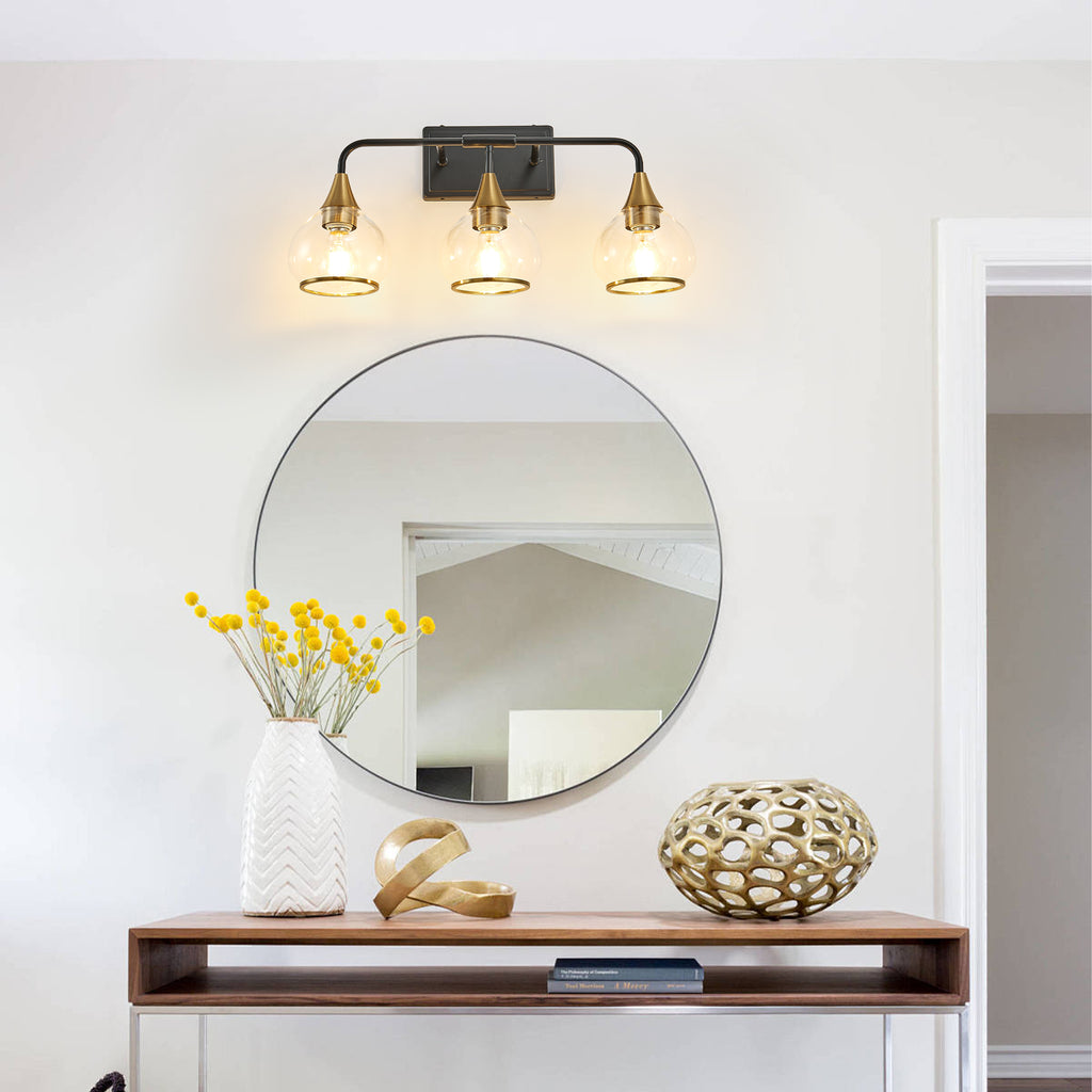 23 Inch 3-Light Black and Gold Vanity Sconce with Clear Glass Shades – image 4