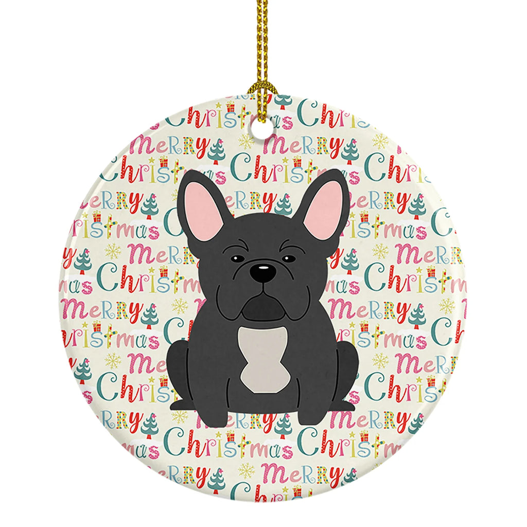 Merry Christmas French Bulldog Black Ceramic Ornament