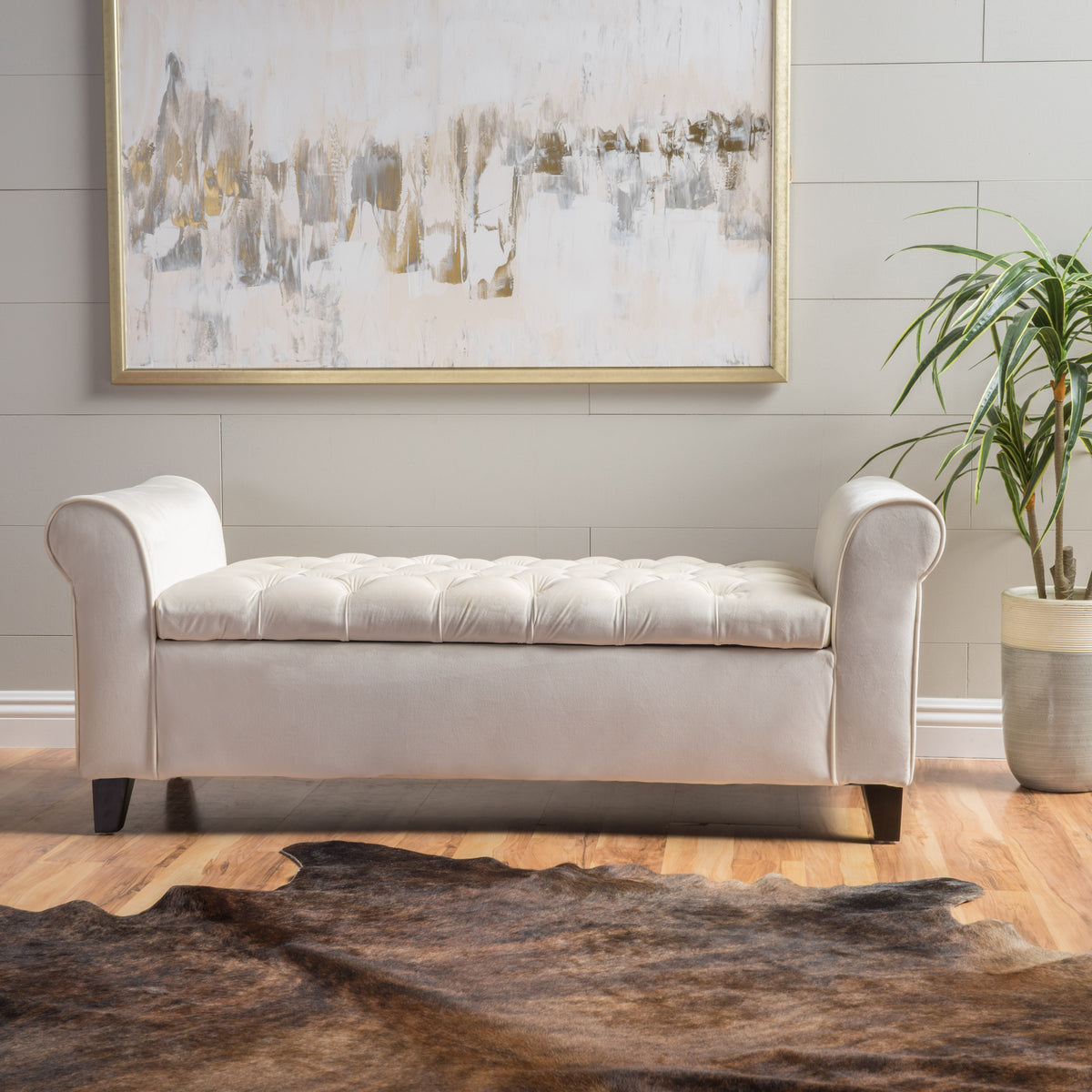 Tufted Storage Bench with Rolled Arms, 50 in Ivory Fabric – image 5