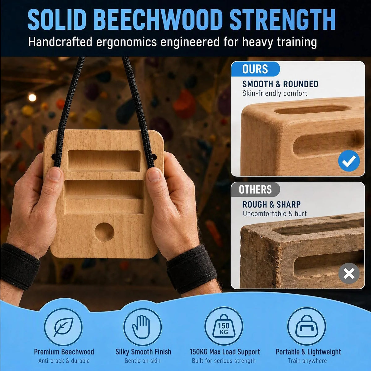 Climbing Hangboard – Portable Beech Wood Grip Trainer, 14 Holds – image 4
