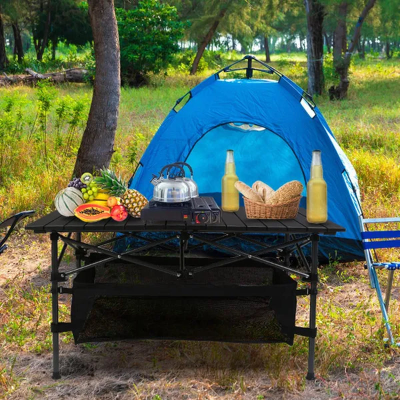 Folding Camping Table with Roll-Up Aluminum Top and Storage Basket – image 5