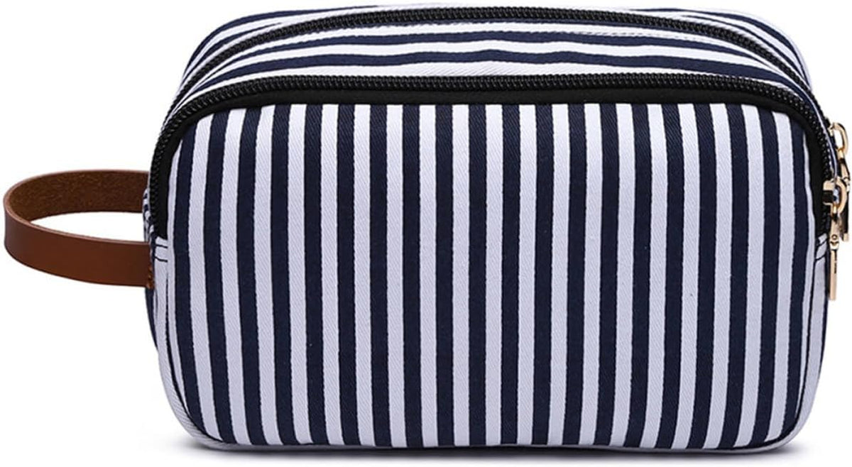 Canvas Makeup Bag – Blue Stripe Zippered Cosmetic Pouch