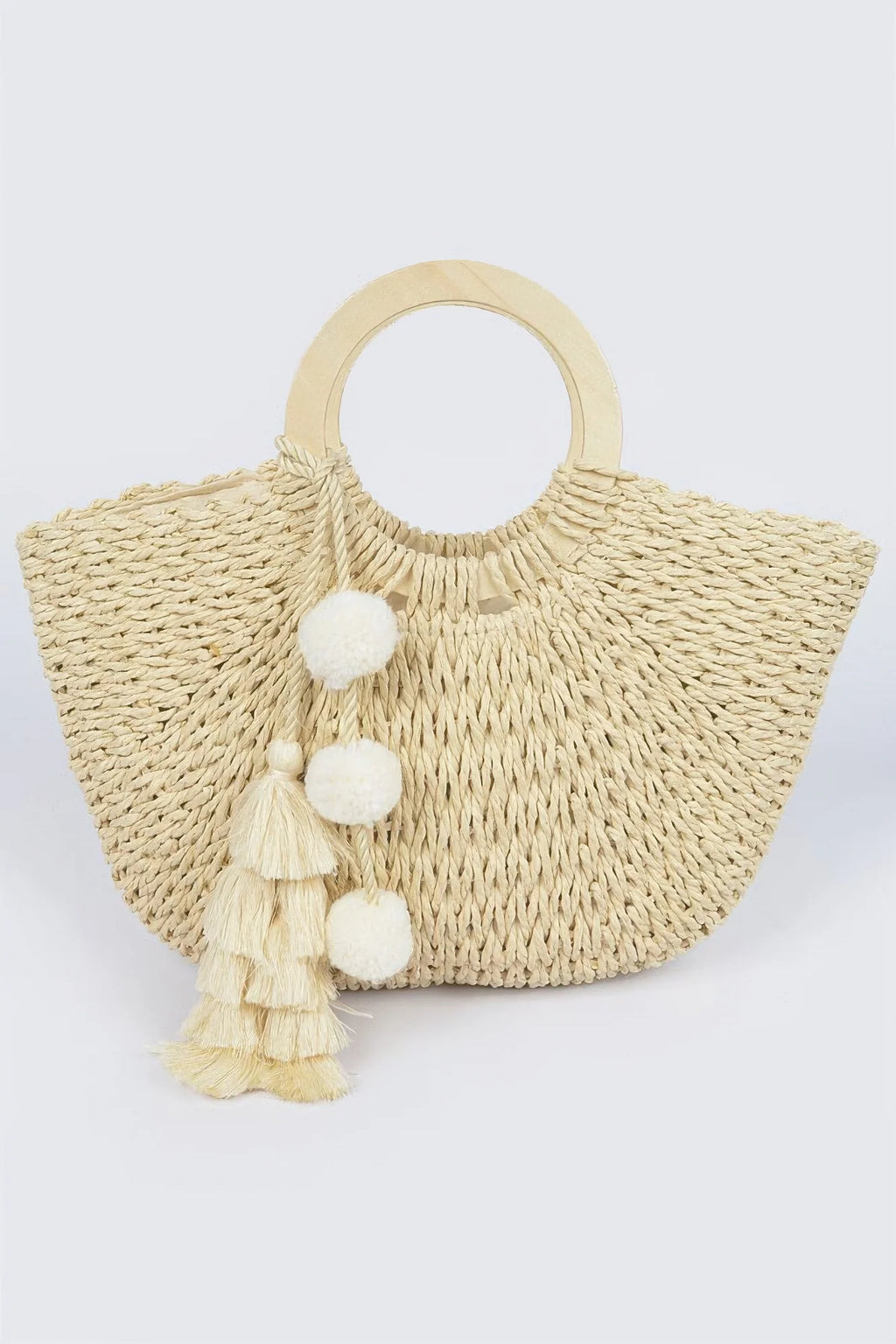 Woven Wood Handle Tote Bag with Tassels, Khaki – image 6