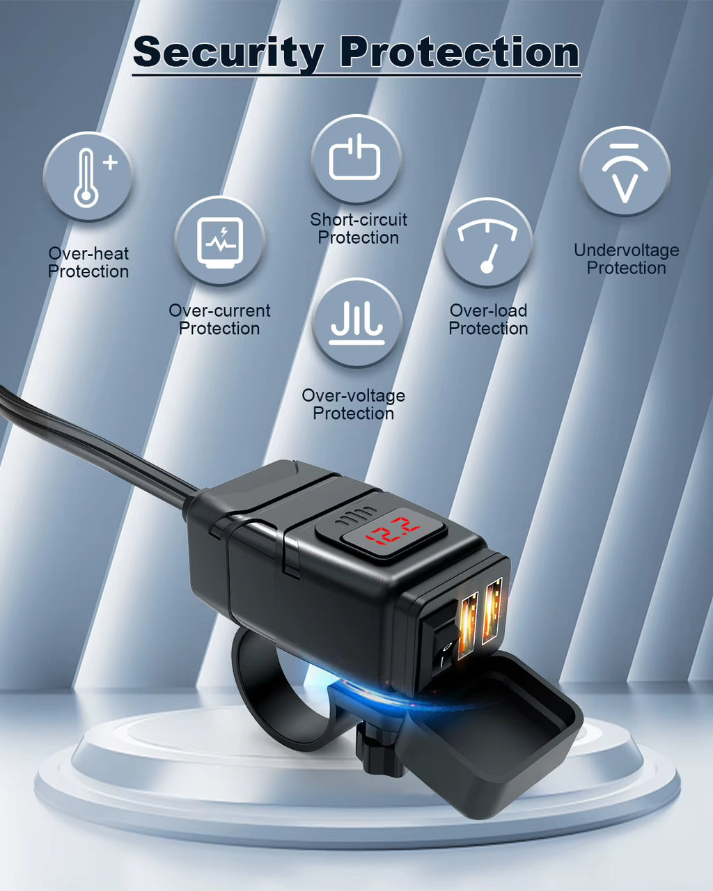 Motorcycle Dual USB Charger with Voltmeter, Waterproof 12V Handlebar Mount – image 4