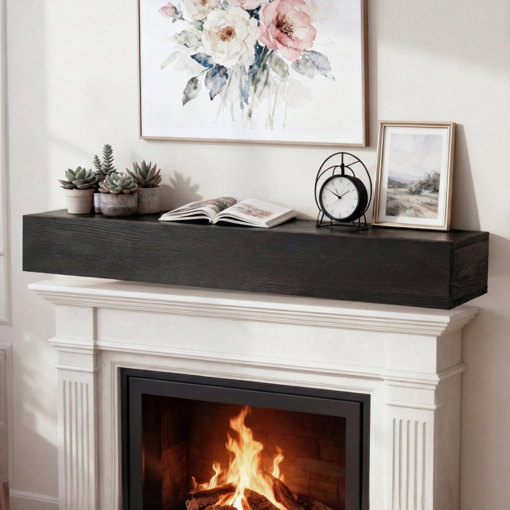 48 in Rustic Wood Fireplace Mantel Floating Shelf, Black