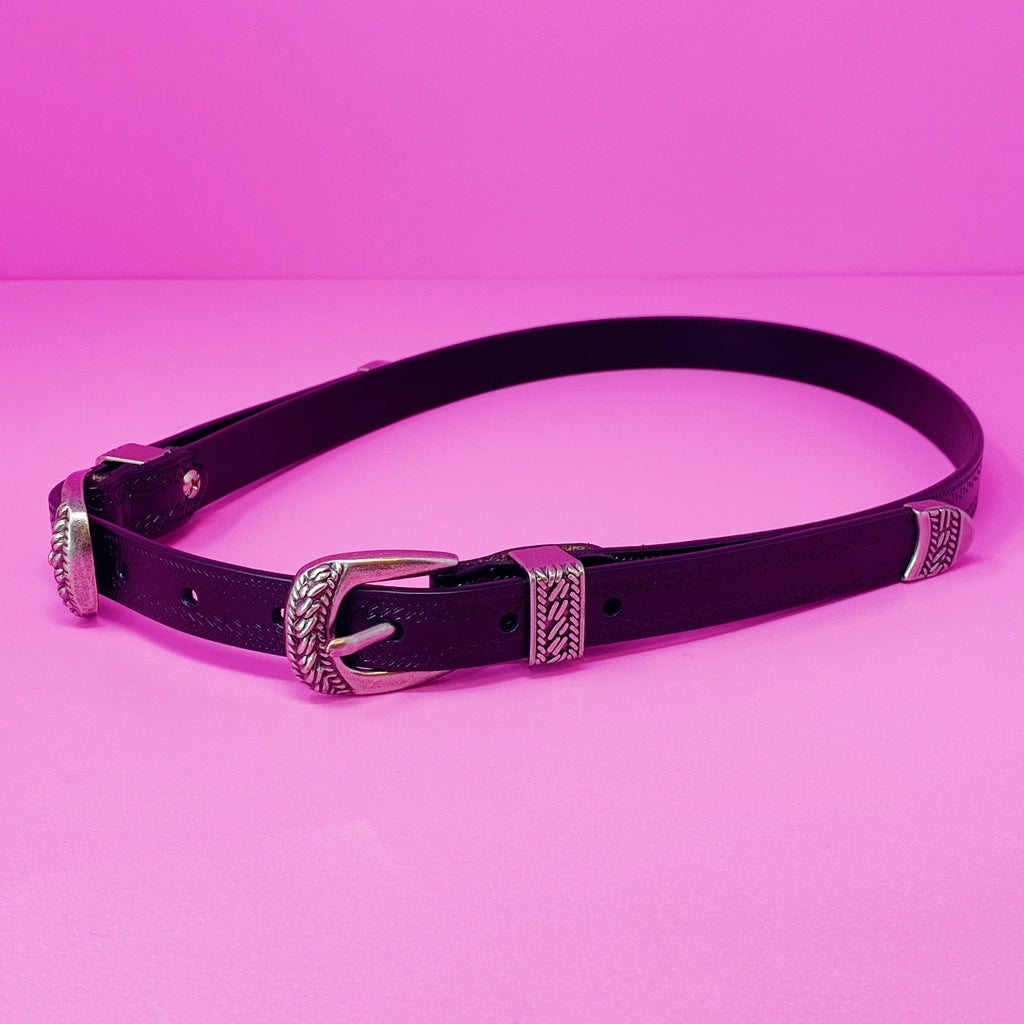 Double Buckle Leather Belt – Slim Women's Belt, Silver Tone – image 8
