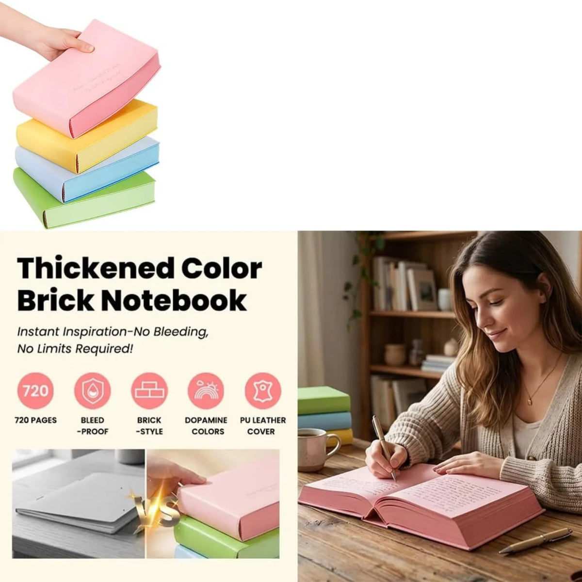 A5 Hardcover Journal – 720-Page PU Leather Notebook, Colored Paper – image 5