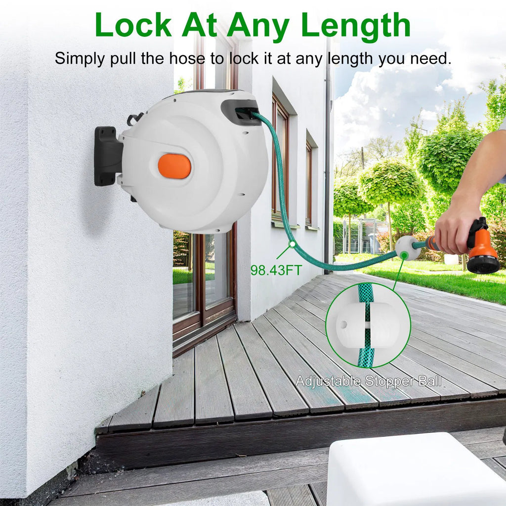 Wall Mount Retractable Garden Hose Reel 98 Ft with Sprayer