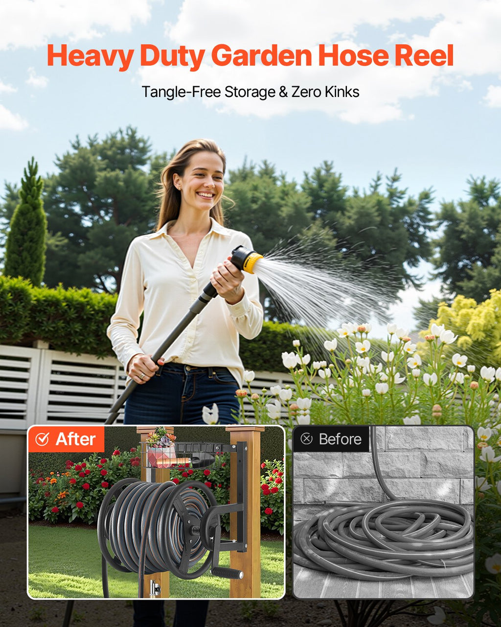 Wall Mounted Garden Hose Reel 125 ft with Brass Fitting and Basket – image 6