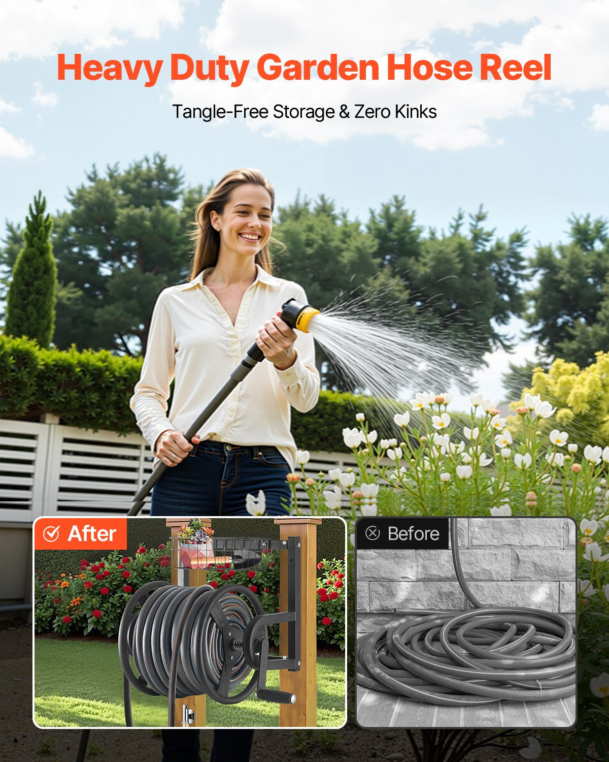 Wall Mounted Garden Hose Reel 125 ft with Brass Fitting and Basket – image 6
