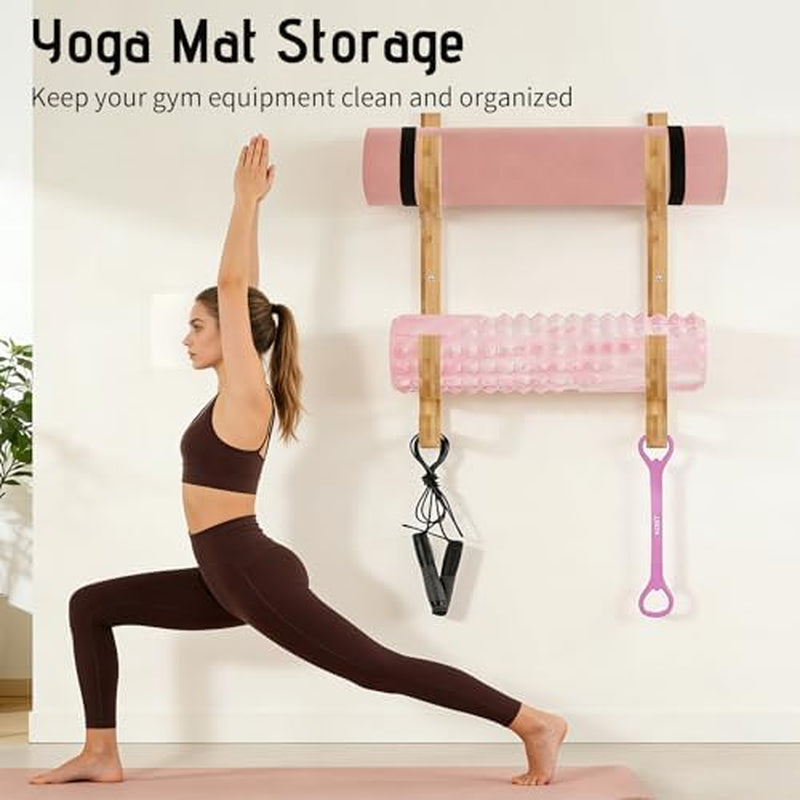 Yoga Mat Holder, Wooden Wall Rack with 4 Hooks – image 5