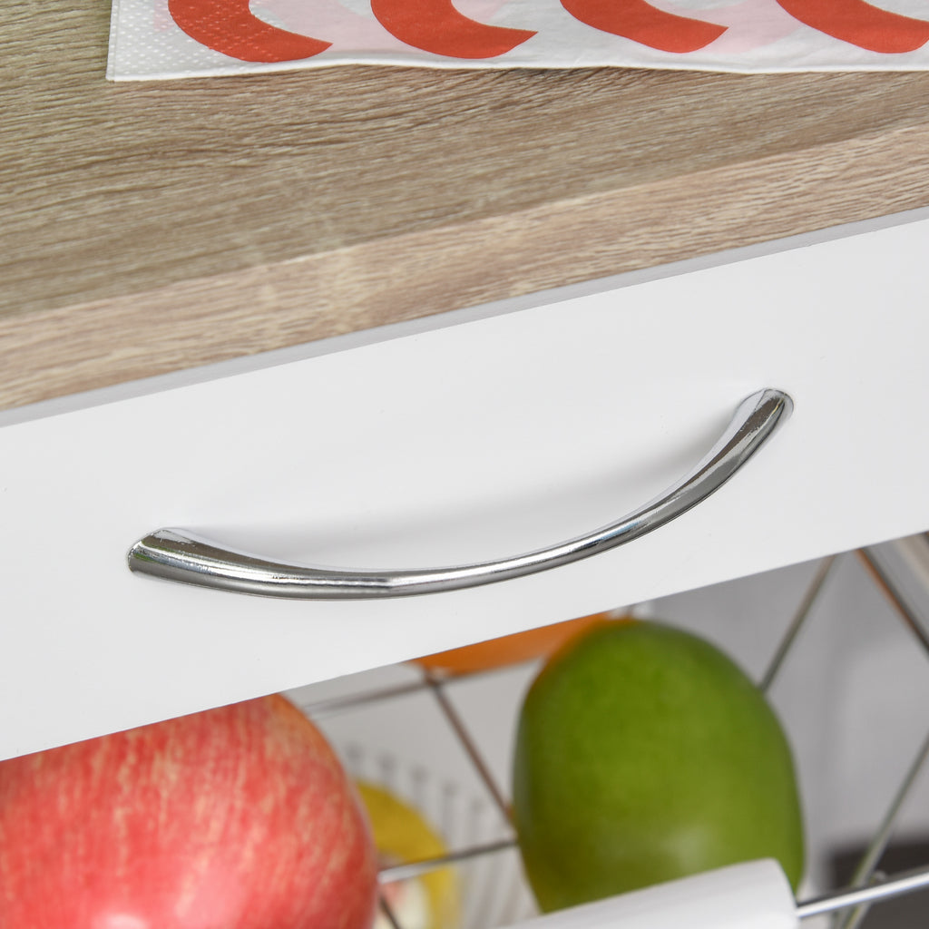 Rolling Kitchen Cart with Drawer, Wire Basket and Trays, White – image 8