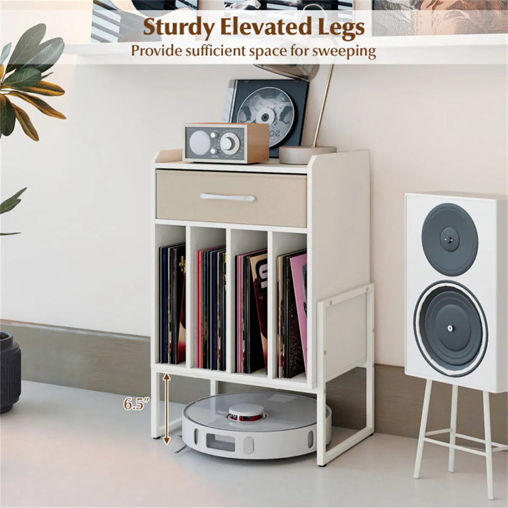 Record Player Stand with Vinyl Storage and Fabric Drawer – White
