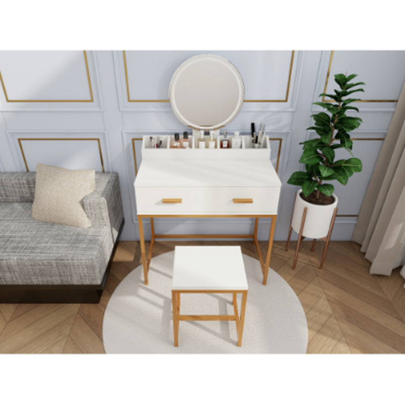 Makeup Vanity Table Set – Mirror, Stool & Storage, White and Gold – image 8
