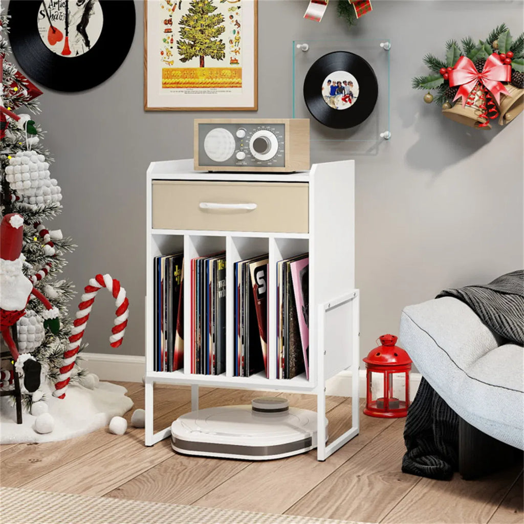 Record Player Stand with Vinyl Storage and Fabric Drawer – White
