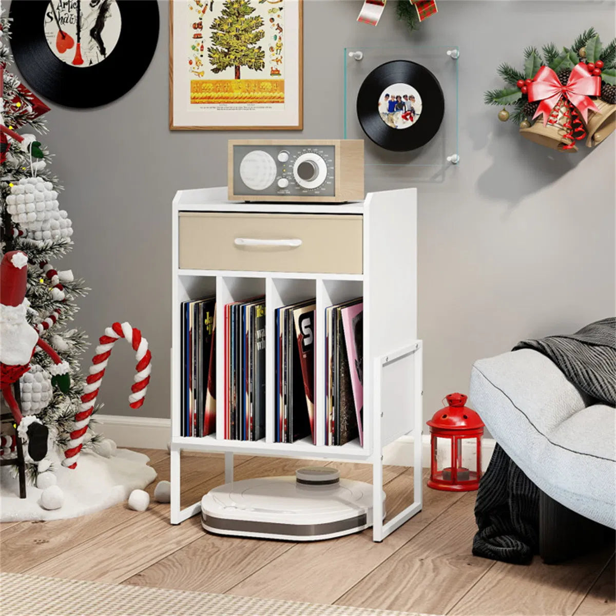 Record Player Stand with Vinyl Storage and Fabric Drawer – White