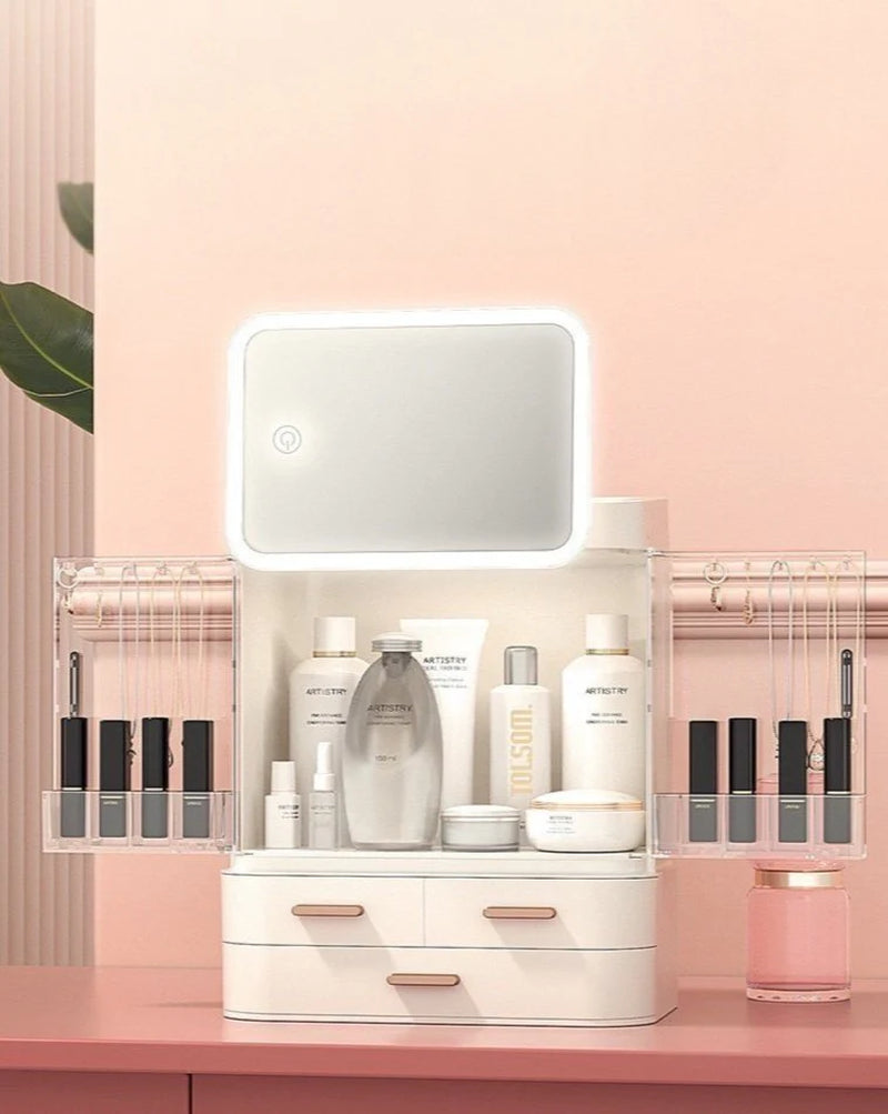 Makeup Organizer Storage Box with 360° Rotating LED Mirror – image 1